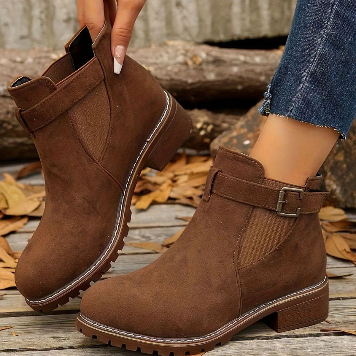 Chelsea-Style Ankle Boots – Black Buckle Strap — Dark Brown