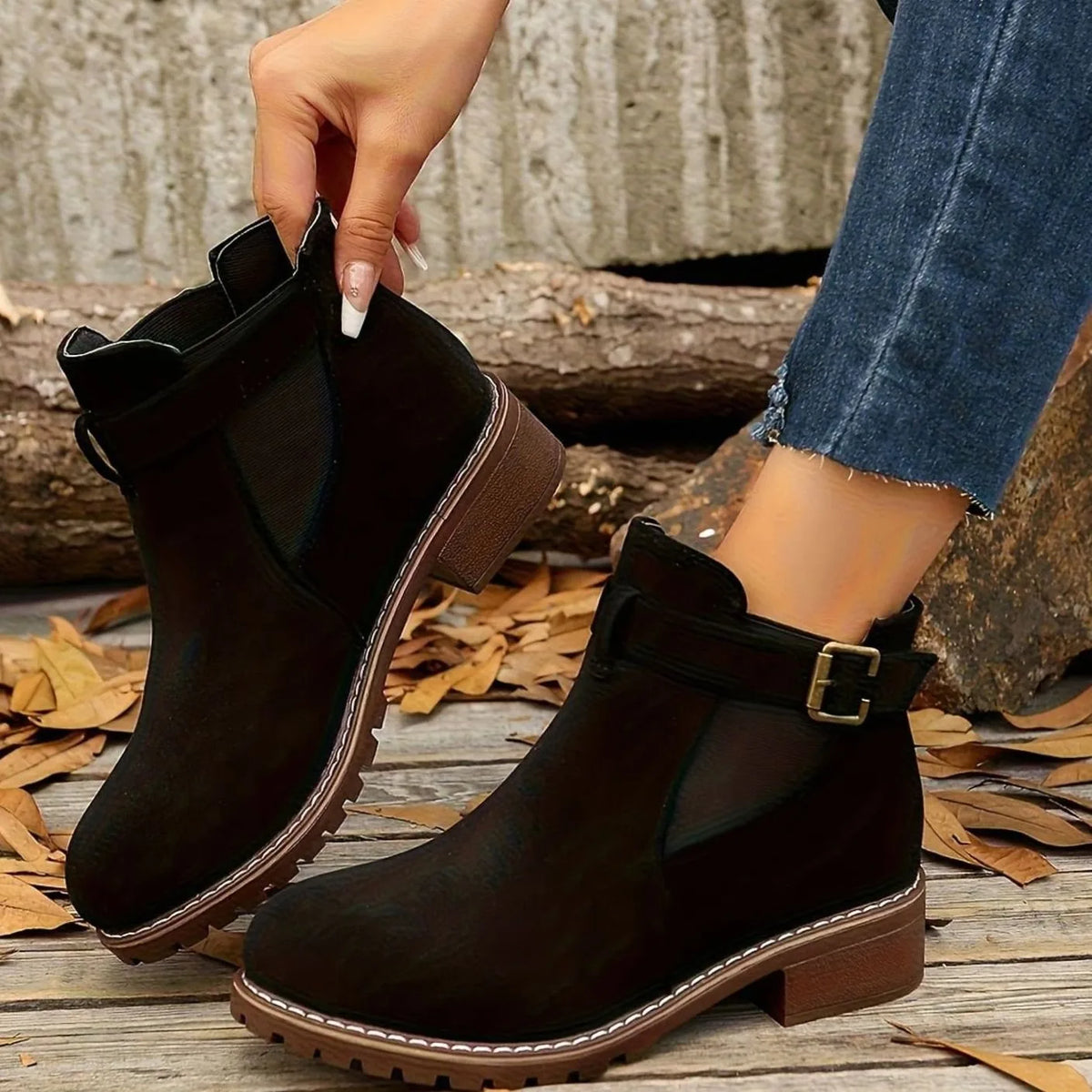 Chelsea-Style Ankle Boots – Black Buckle Strap — Black