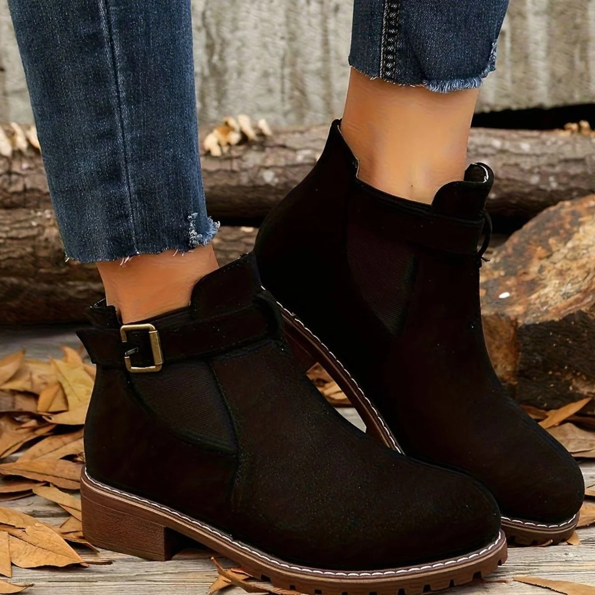 Chelsea-Style Ankle Boots – Black Buckle Strap — Black