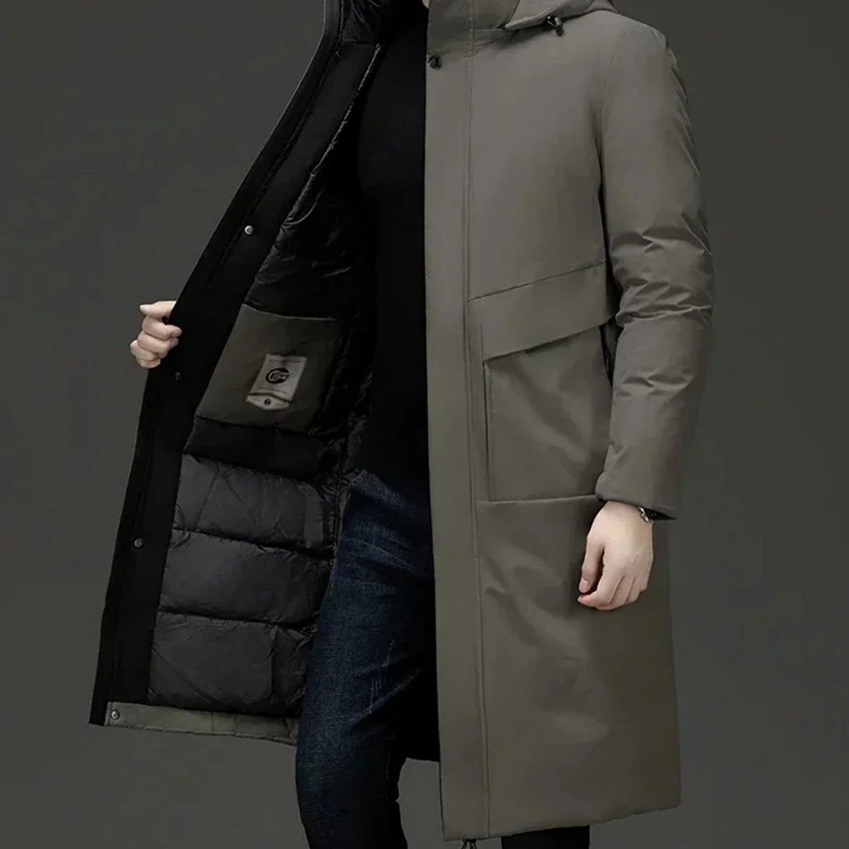 Men's Long Coat – Black Hooded Style with Front Pockets — Gray