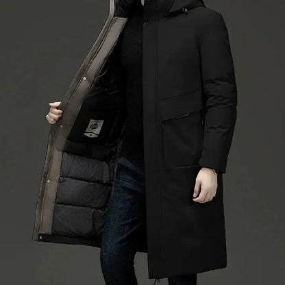 Men's Long Coat – Black Hooded Style with Front Pockets — Black