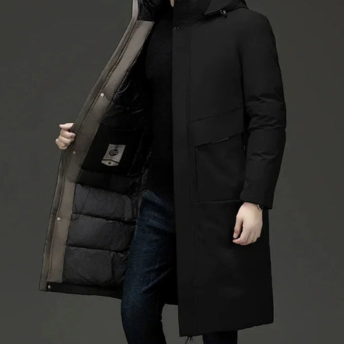 Men's Long Coat – Black Hooded Style with Front Pockets