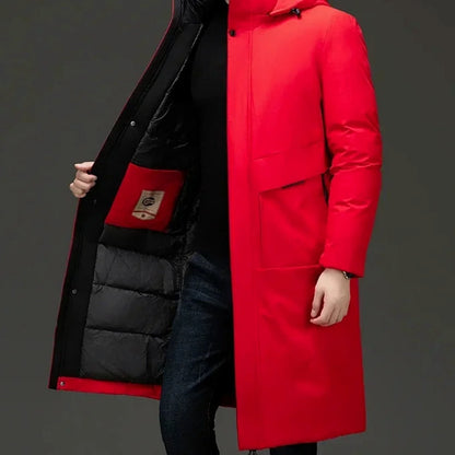 Men's Long Coat – Black Hooded Style with Front Pockets — Red