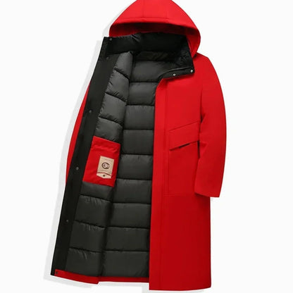 Men's Long Coat – Black Hooded Style with Front Pockets — Red