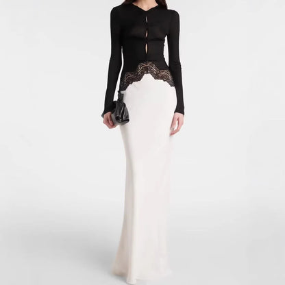 Lace Maxi Dress – Black and White Long Sleeve Contrast Bodice — Black/White