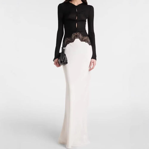 Lace Maxi Dress – Black and White Long Sleeve Contrast Bodice