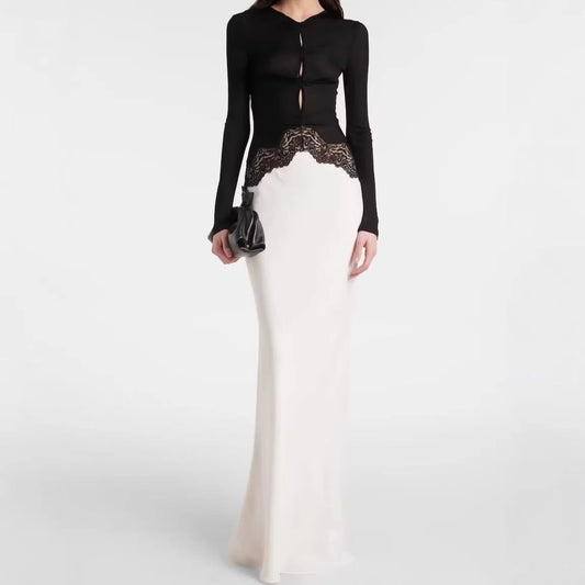 Lace Maxi Dress – Black and White Long Sleeve Contrast Bodice — Black/White