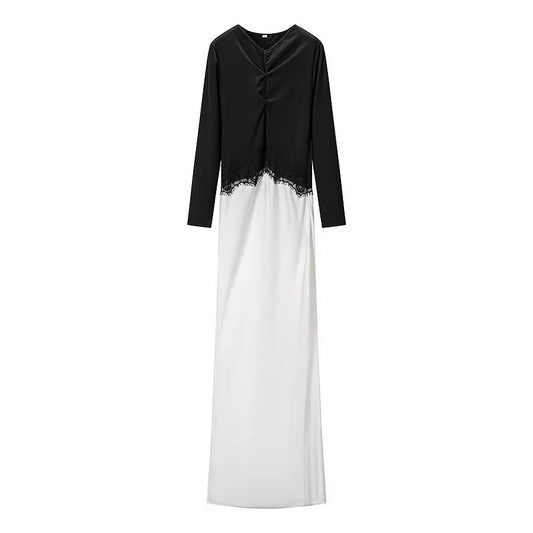 Lace Maxi Dress – Black and White Long Sleeve Contrast Bodice — Black/White