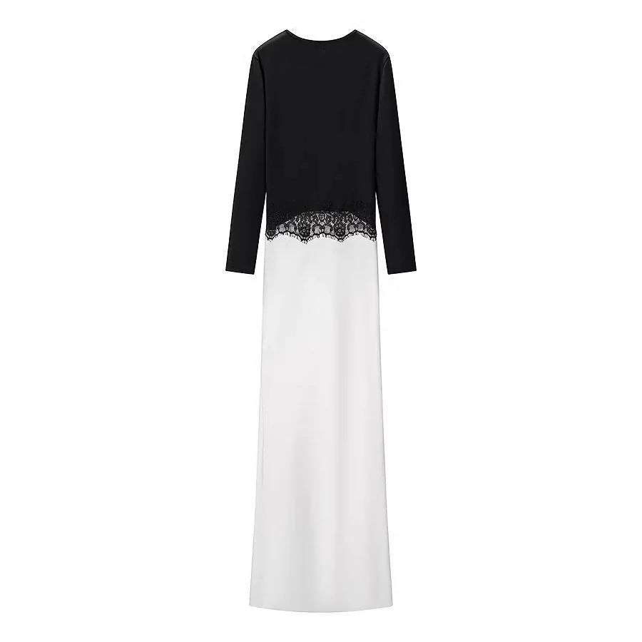 Lace Maxi Dress – Black and White Long Sleeve Contrast Bodice — Black/White