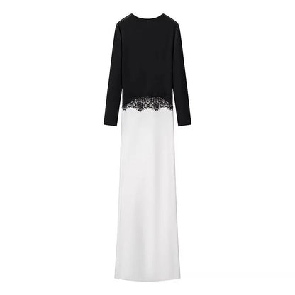 Lace Maxi Dress – Black and White Long Sleeve Contrast Bodice — Black/White