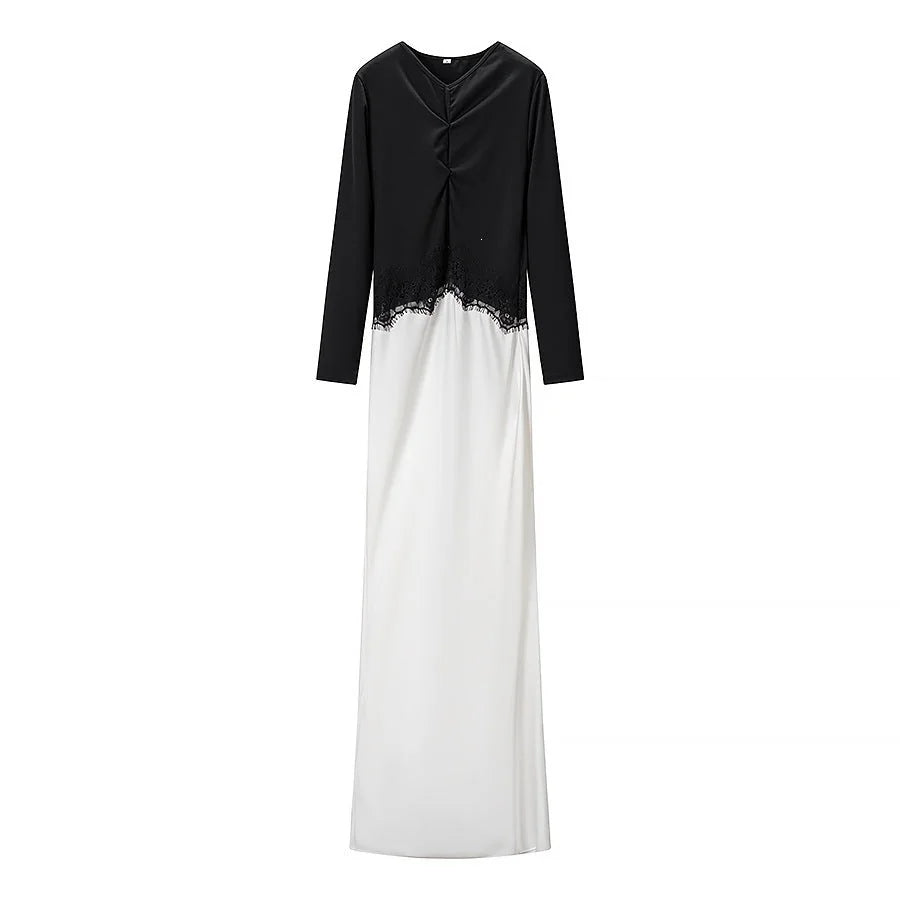 Lace Maxi Dress – Black and White Long Sleeve Contrast Bodice — Black/White