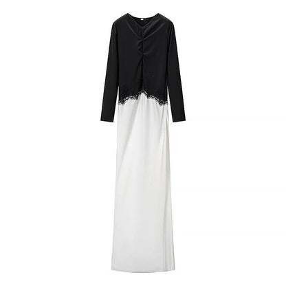 Lace Maxi Dress – Black and White Long Sleeve Contrast Bodice — Black/White