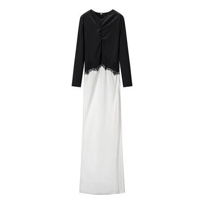Lace Maxi Dress – Black and White Long Sleeve Contrast Bodice — Black/White