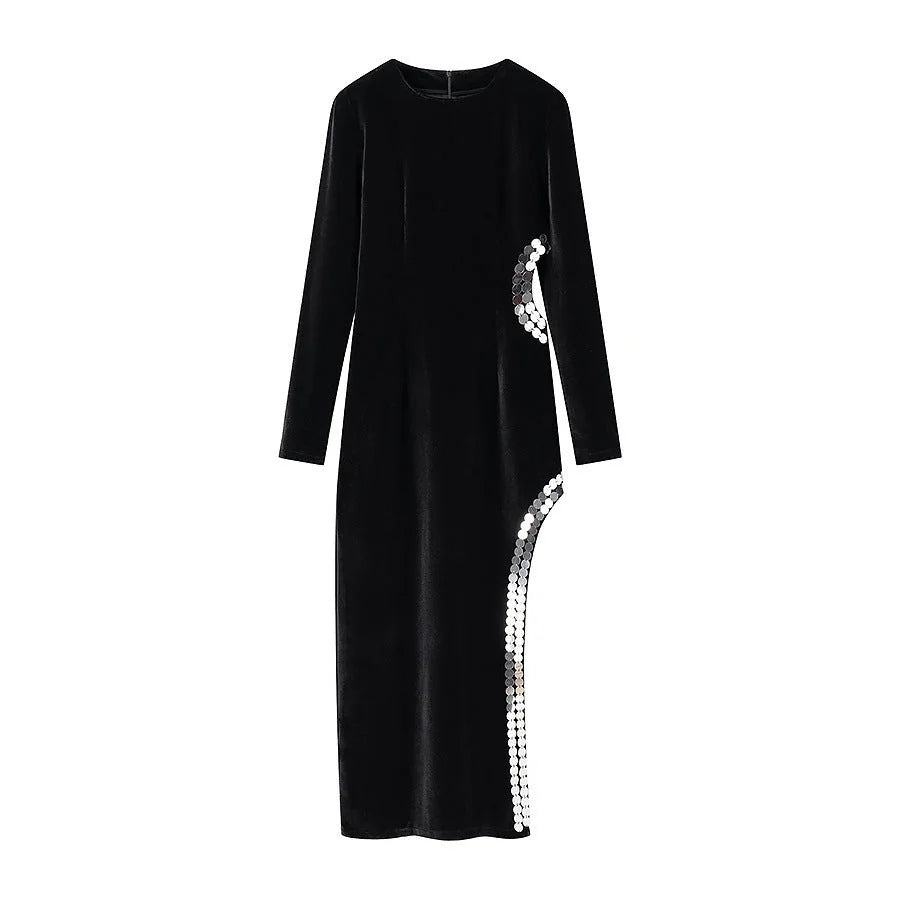 Velvet-Look Maxi Dress – Black Side Cutout and Sequin Trim — Black
