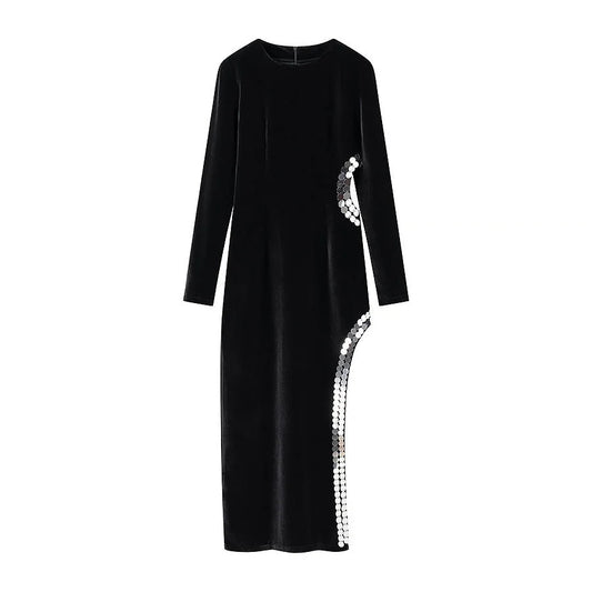 Velvet-Look Maxi Dress – Black Side Cutout and Sequin Trim — Black