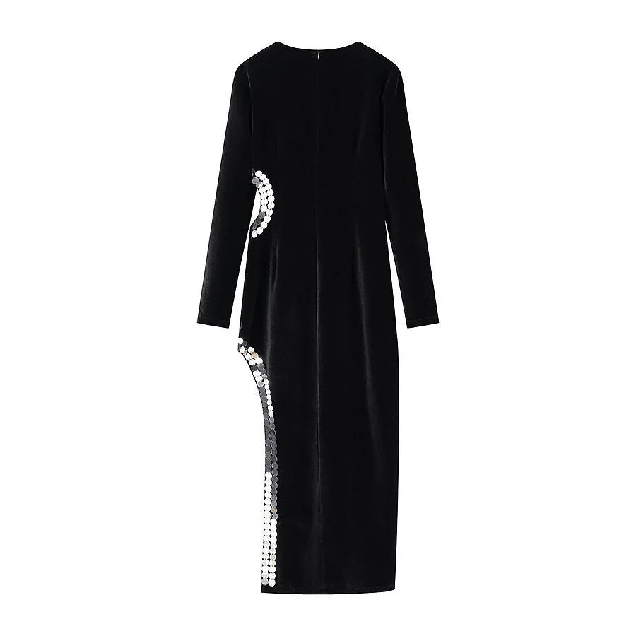 Velvet-Look Maxi Dress – Black Side Cutout and Sequin Trim — Black