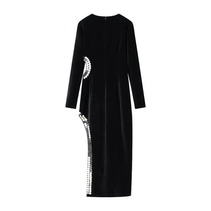 Velvet-Look Maxi Dress – Black Side Cutout and Sequin Trim — Black
