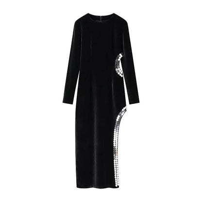 Velvet-Look Maxi Dress – Black Side Cutout and Sequin Trim — Black
