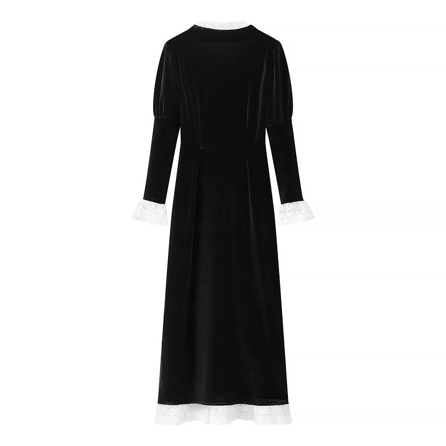 Velvet-Look Maxi Dress – Black Square Neck and Lace Trim — Black