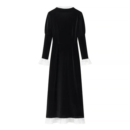 Velvet-Look Maxi Dress – Black Square Neck and Lace Trim — Black