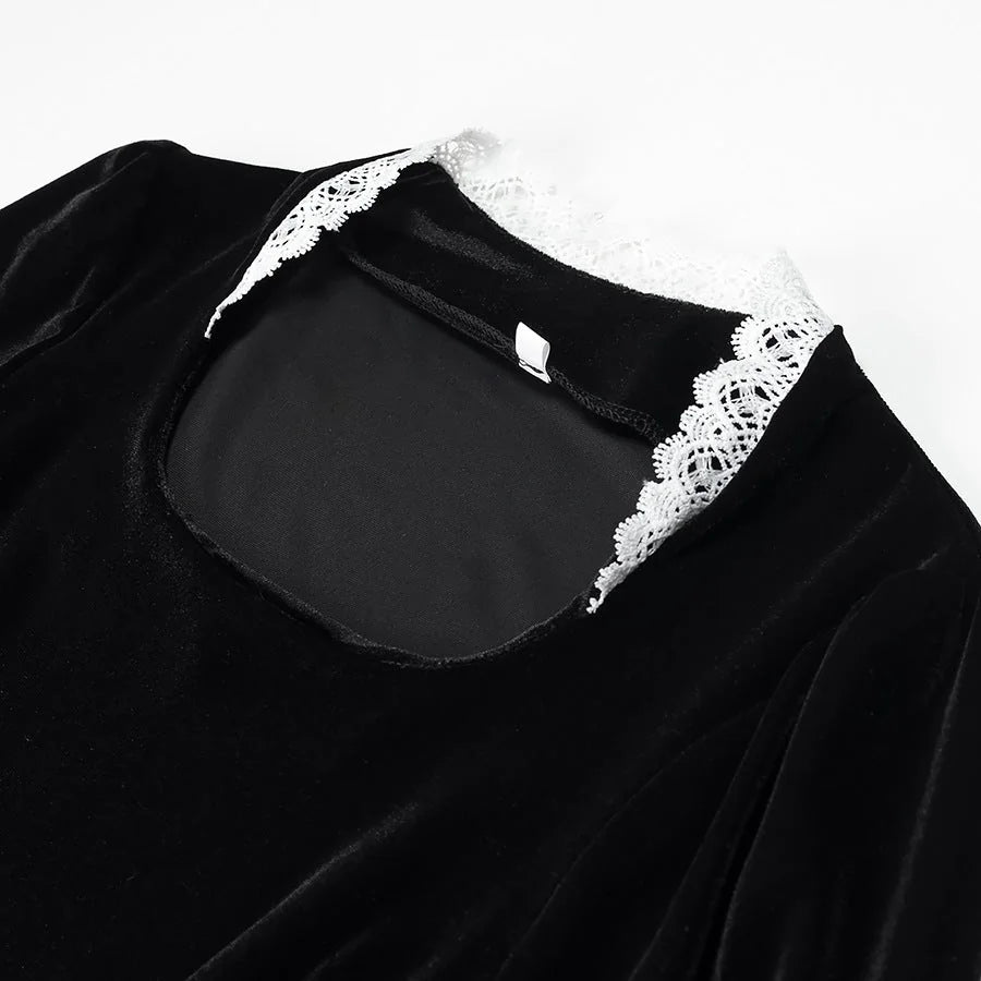 Velvet-Look Maxi Dress – Black Square Neck and Lace Trim — Black