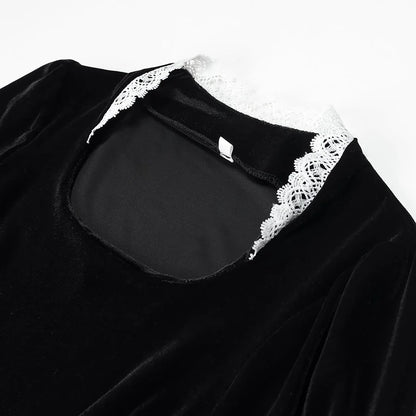 Velvet-Look Maxi Dress – Black Square Neck and Lace Trim — Black