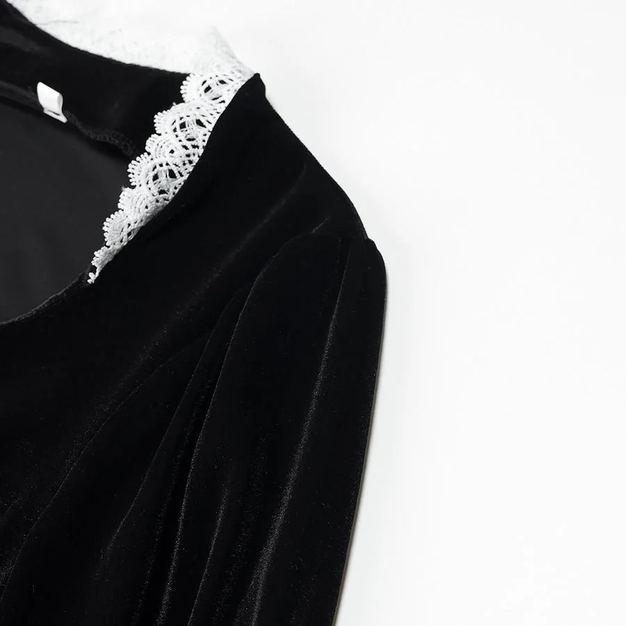 Velvet-Look Maxi Dress – Black Square Neck and Lace Trim — Black