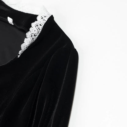 Velvet-Look Maxi Dress – Black Square Neck and Lace Trim — Black