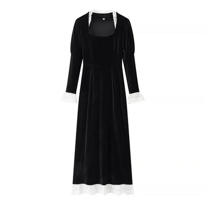 Velvet-Look Maxi Dress – Black Square Neck and Lace Trim — Black