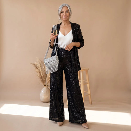 Sequin Pant Set – Black Open-Front Blazer and Wide-Leg Trousers