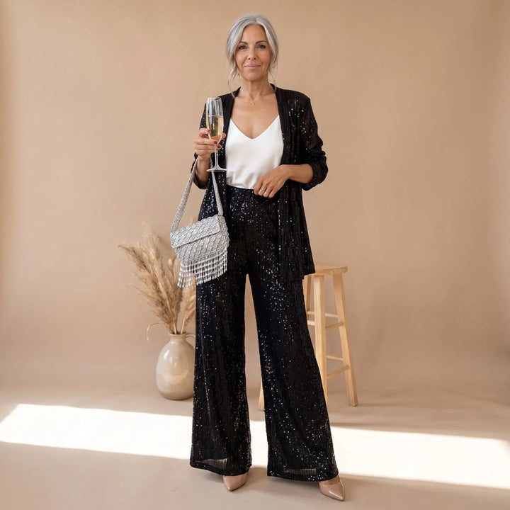 Sequin Pant Set – Black Open-Front Blazer and Wide-Leg Trousers — Black