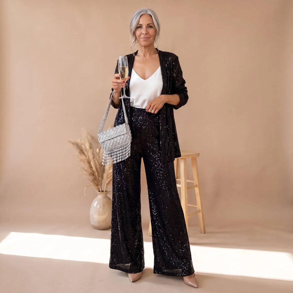 Sequin Pant Set – Black Open-Front Blazer and Wide-Leg Trousers — Black