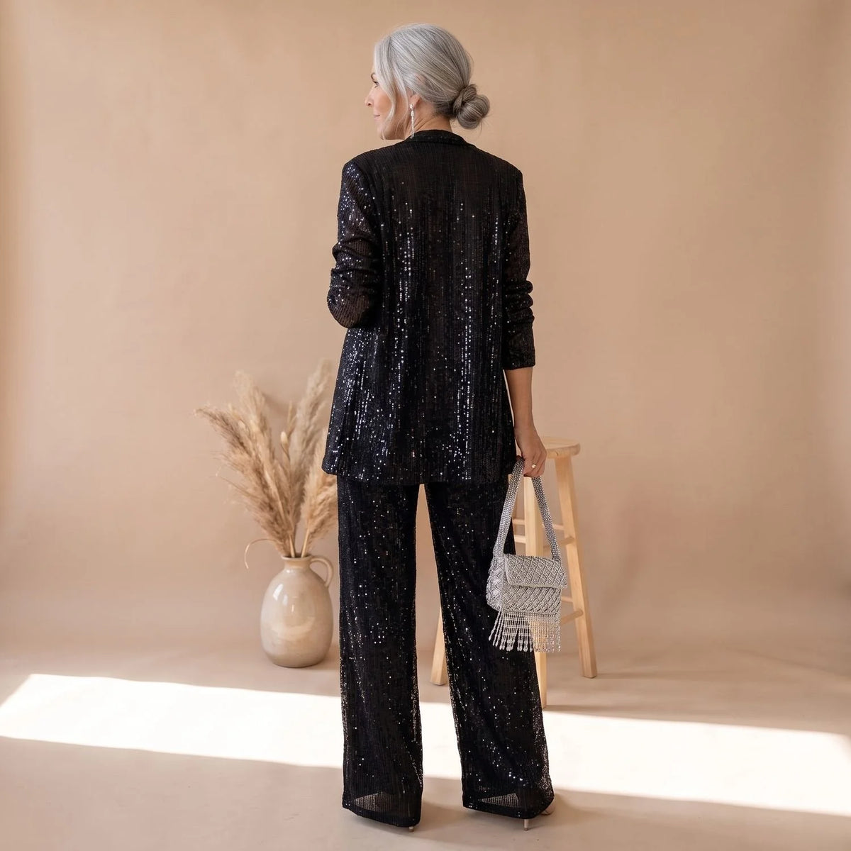 Sequin Pant Set – Black Open-Front Blazer and Wide-Leg Trousers — Black