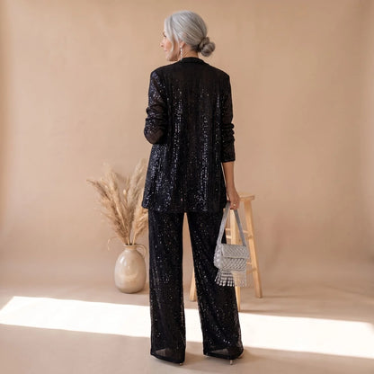 Sequin Pant Set – Black Open-Front Blazer and Wide-Leg Trousers — Black