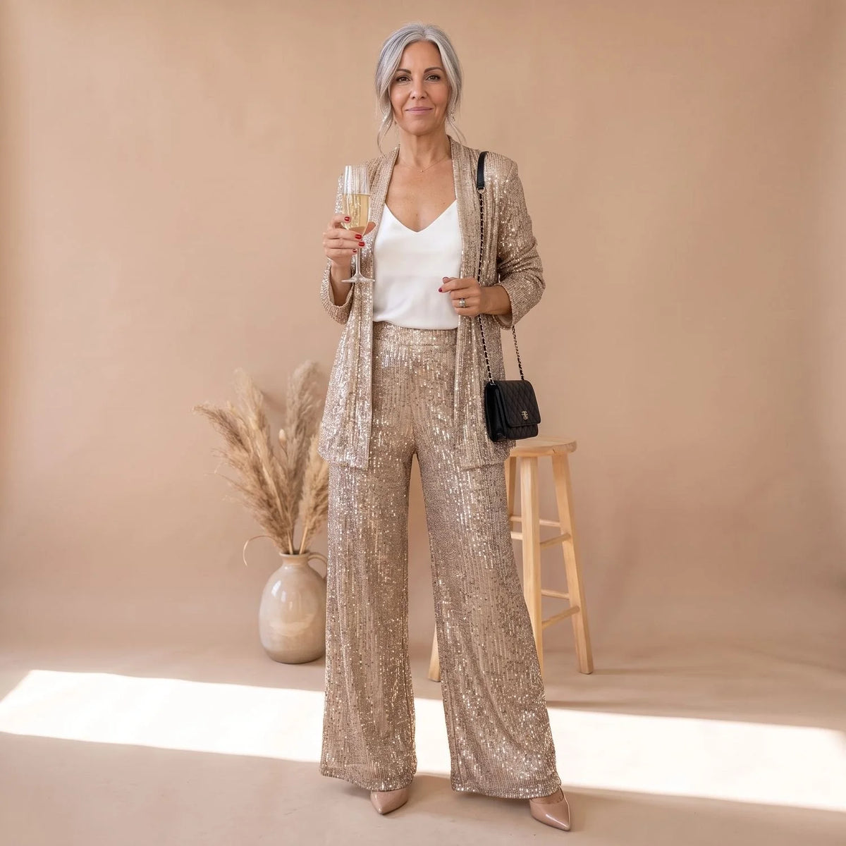 Sequin Pant Set – Black Open-Front Blazer and Wide-Leg Trousers — Gold