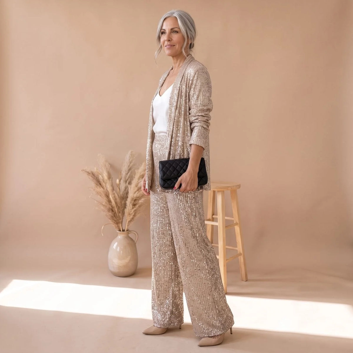 Sequin Pant Set – Black Open-Front Blazer and Wide-Leg Trousers — Gold