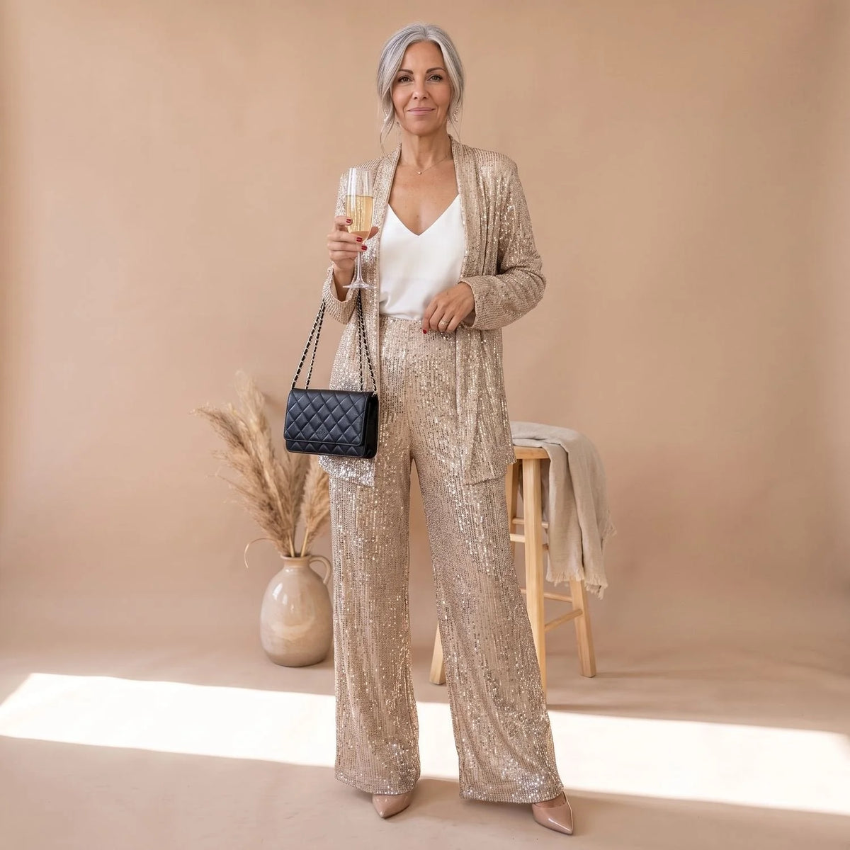 Sequin Pant Set – Black Open-Front Blazer and Wide-Leg Trousers — Gold
