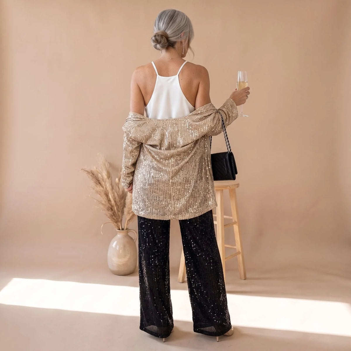 Sequin Pant Set – Black Open-Front Blazer and Wide-Leg Trousers — Gold
