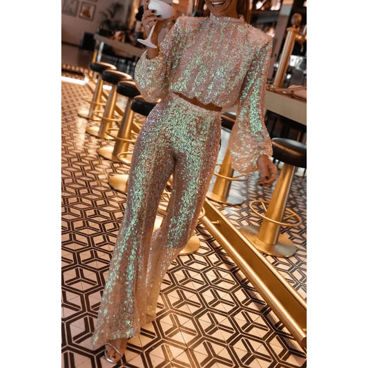 Sequin Pant Set – Multicolour High-Neck Top and Trousers — Multicolour