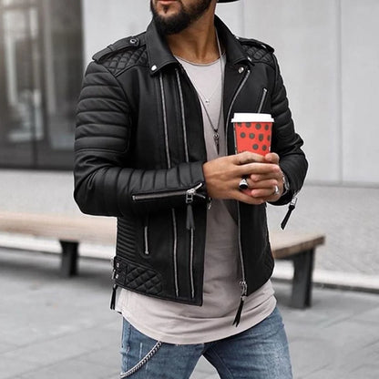 Men's Biker Jacket – Black Quilted Panels and Zip Front — Black