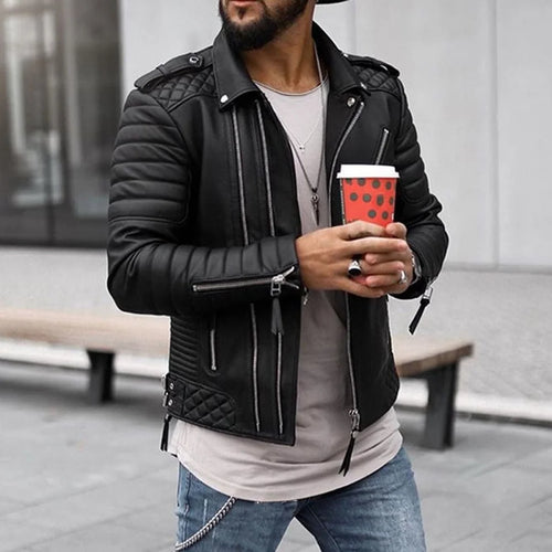 Men's Biker Jacket – Black Quilted Panels and Zip Front