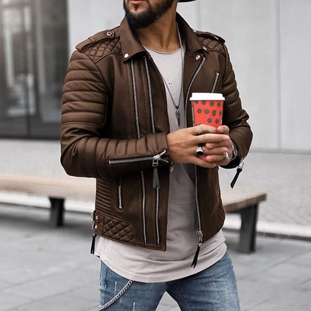 Men's Biker Jacket – Black Quilted Panels and Zip Front — Brown