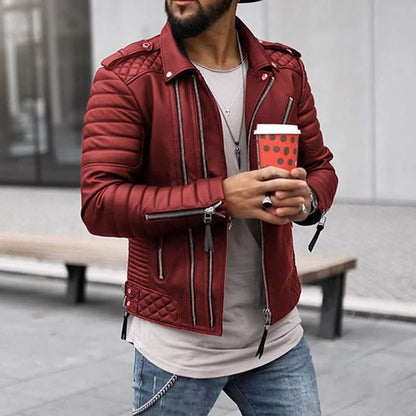Men's Biker Jacket – Black Quilted Panels and Zip Front — Red