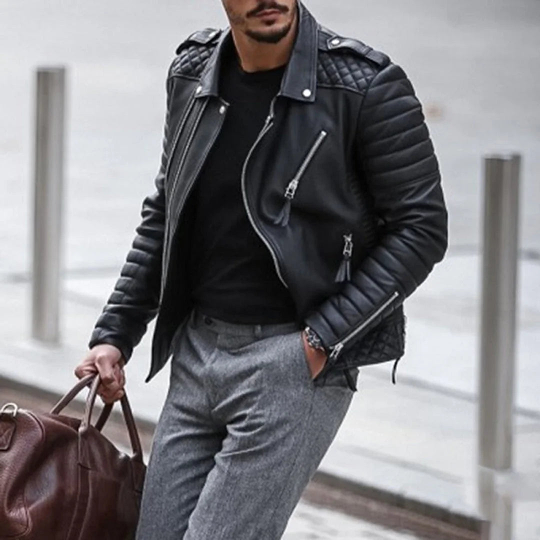 Men's Biker Jacket – Black Quilted Panels and Zip Front — Black