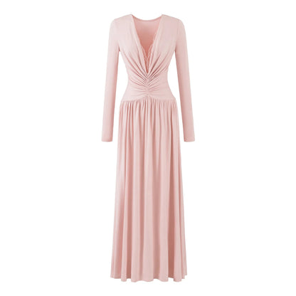 Lace Maxi Dress – Black Long Sleeve Wrap-Style Bodice — Pink