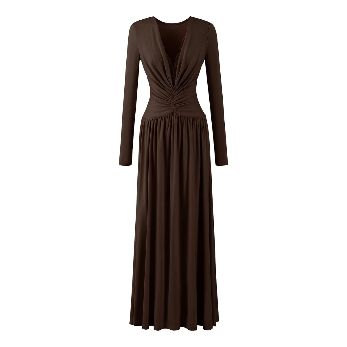 Lace Maxi Dress – Black Long Sleeve Wrap-Style Bodice — Dark Brown