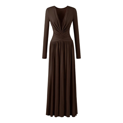 Lace Maxi Dress – Black Long Sleeve Wrap-Style Bodice — Dark Brown