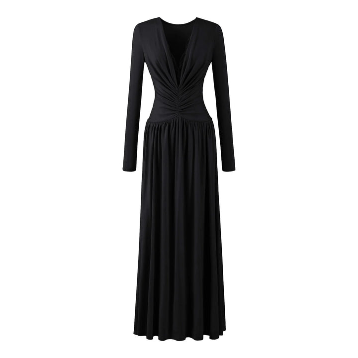 Lace Maxi Dress – Black Long Sleeve Wrap-Style Bodice — Black
