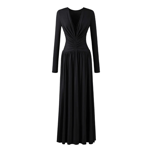 Lace Maxi Dress – Black Long Sleeve Wrap-Style Bodice