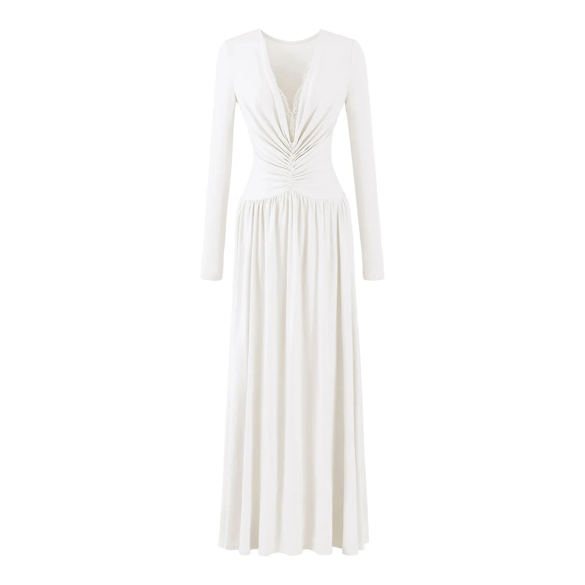 Lace Maxi Dress – Black Long Sleeve Wrap-Style Bodice — White